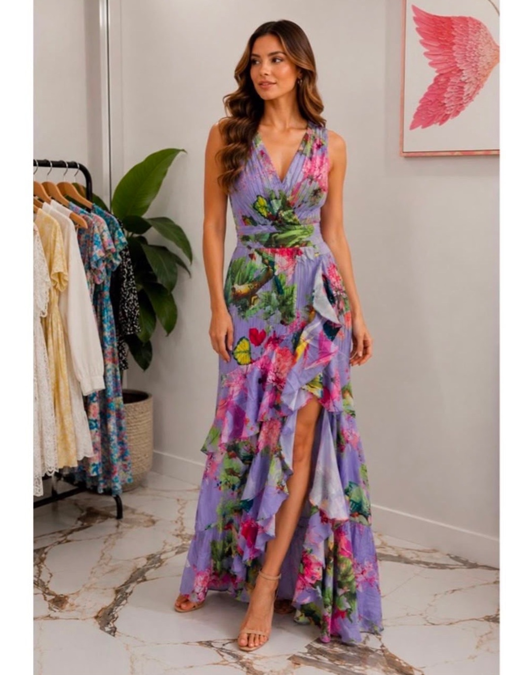 Floral V-Neck Lavender Ruffle Maxi Dress
